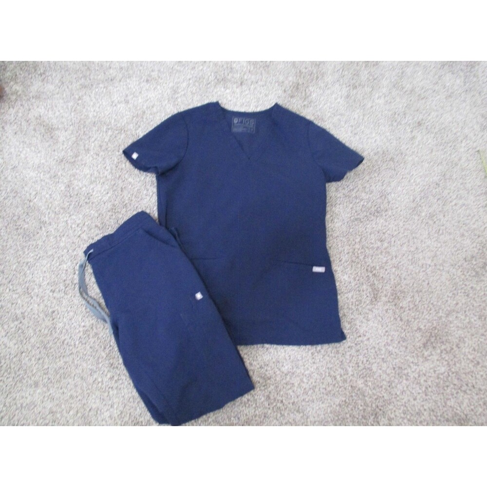 FIGS Technical Collection Scrub Set Top & Pants XS Blue Solid Polyester Blend